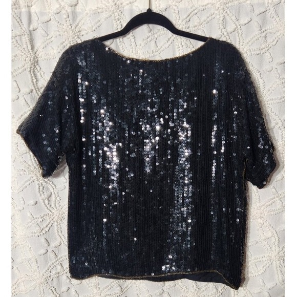 Vintage Scala Womens‎ All Over Sequin Silk Top Size Small Black Colorblock Retro - Picture 2 of 10